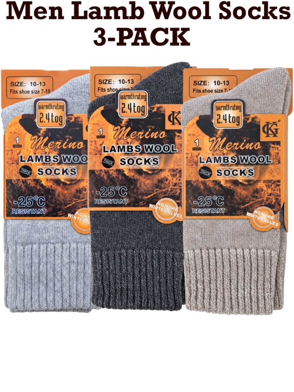 Mens Merino Lamb Wool Socks, Size 10-13, 3-Pairs, Comfy Warm for Winter, NEW